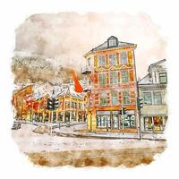 Bergen Hordaland Watercolor sketch hand drawn illustration vector