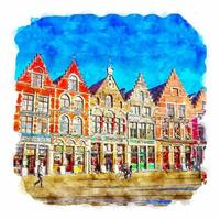 Architecture Belgium Watercolor sketch hand drawn illustration vector