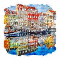 Nyhavn Copenhagen Denmark Watercolor sketch hand drawn illustration vector