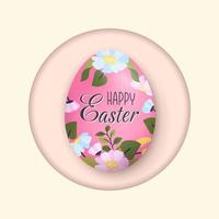 Happy easter greeting card. Pink floral Easter egg isolated. Holiday religious symbol with flower ornament for spring holiday. Festive dyed egg decorated wildflower pattern. Vector flat illustration