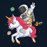 mano dibujado astronauta en traje espacial montando un linda unicornio caballo en espacio terminado espacio cohete y planetas vector