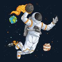Hand drawn astronaut in spacesuit playing Basketball doing dunk move  over space rocket and planets vector