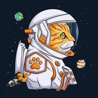 Hand drawn funny cat wearing astronaut spacesuit. Spaceman or cosmonaut cat over rocket and planets. vector