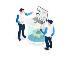 Isometric flat 3d illustration concept of two men analyzing experimental data vector