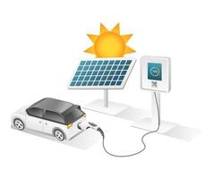 Flat isometric 3d illustration concept of electric car charge from solar panel energy vector