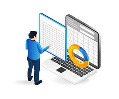 Isometric flat 3d illustration concept of man making table with excel vector