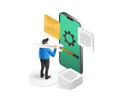 Isometric flat 3d illustration concept of man maintaining smartphone app vector