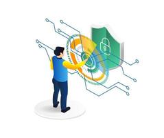 Isometric flat 3d illustration concept of man pushing a digital transformation security button vector