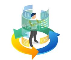 Isometric flat 3d illustration concept of man controlling data analyst vector