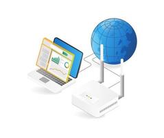 Isometric flat 3d illustration concept of internet wifi router analyzer vector