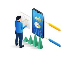 Isometric flat 3d illustration concept of man analyzing smartphone data vector