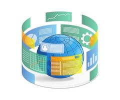 Isometric flat 3d illustration concept of internet information analysis screen around the earth vector