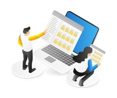 Isometric 3d flat illustration concept of two people selecting a folder on the computer vector