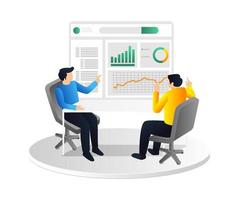 Isometric 3d flat illustration concept of team is analyzing business cooperation data vector