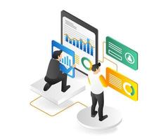 Isometric 3d flat illustration concept of two men compiling business analysis data vector