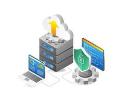 isométrica plano 3d ilustración concepto de nube servidor seguridad programa análisis datos proceso vector