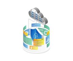 Isometric flat 3d illustration concept of analysis screen with cloud server security vector