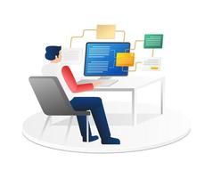 Isometric flat 3d illustration concept of man working at computer desk vector