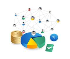 Isometric flat 3d illustration concept money business team network over pie chart vector