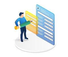 Isometric flat 3d illustration concept of man filling registration form on screen vector