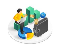 Isometric flat 3d illustration concept of man looking for money with laptop vector