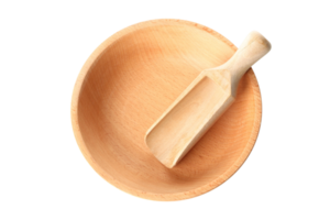 Beige wooden bowl and spoon isolated on a transparent png