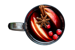 Black cup with hot drink and fruit isolated on a transparent background png