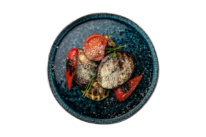 Blue plate with grilled vegetables isolated on a transparent background png