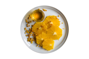 White plate with slices of oranges and honey isolated on a transparent background png