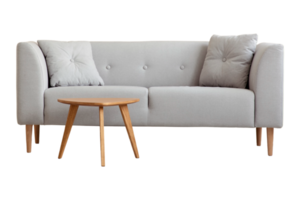 Gray sofa, cushions and wooden side table isolated on a transparent background png