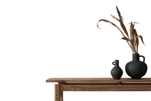 Brown wooden side table with black vases and dried leaves isolated on a transparent background png