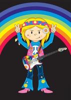 dibujos animados sesenta hippie niña con eléctrico guitarra vector