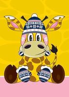 linda dibujos animados jirafa personaje en lanoso sombrero y mitones vector