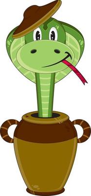 Cute Cartoon Snake Character in Clay Pot