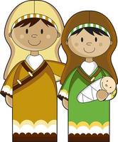 dibujos animados María y Joseph con bebé Jesús Cristo bíblico ilustración vector