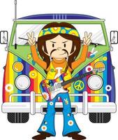 dibujos animados sesenta hippie con eléctrico guitarra y camper camioneta vector