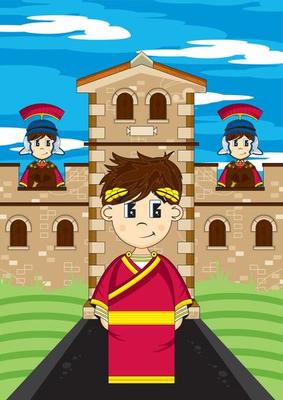 Cute Cartoon Roman Soldiers and Emperor Julius Caesar at Tower Garrison History Illustration