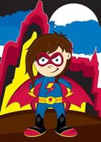 dibujos animados heroico superhéroe niña y rascacielos vector