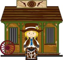 Cute Cartoon Wild West Cowgirl Sheriff at the Jailhouse vector