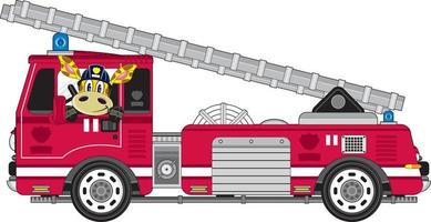 Cute Cartoon Giraffe Fireman and Fire Engine vector