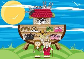 Noah and the Ark with Animals Two by Two - Biblical Illustration vector