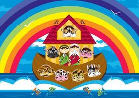 Noah and the Ark with Animals Two by Two - Biblical Illustration vector