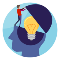 Man help open the brain with a light bulb on blue background. Creativity and innovation symbol. Ideas for business success. illustration in flat design. png