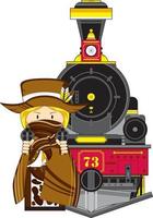 linda dibujos animados salvaje Oeste vaquero en poncho con vapor tren vector