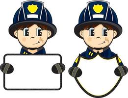 Cute Cartoon Fireman Character Holding a Sign vector