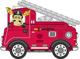linda dibujos animados jirafa bombero y fuego motor vector