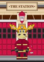 Cute Cartoon Giraffe Fireman Character with Axe at Fire Station vector