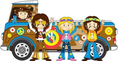 dibujos animados sesenta hippie caracteres y camper camioneta vector