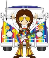 dibujos animados sesenta hippie personaje con eléctrico guitarra y camper camioneta vector