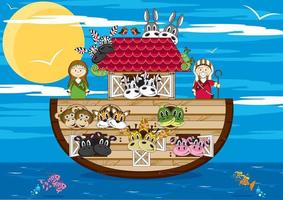 Noah and the Ark with Animals Two by Two - Biblical Illustration vector